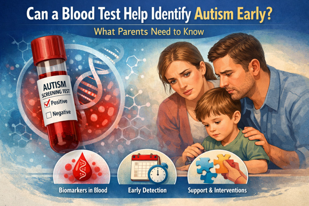 Blood test for early autism detection concept showing autism screening vial, DNA markers, and parents with child