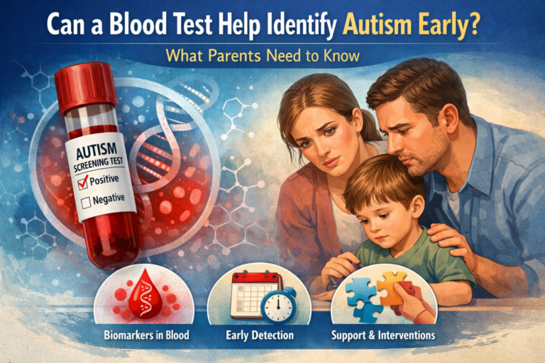 Blood test for early autism detection concept showing autism screening vial, DNA markers, and parents with child