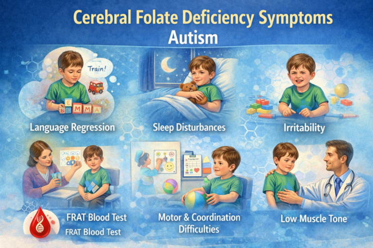 Cerebral folate deficiency symptoms in autism including language regression, sleep disturbance, irritability and low muscle tone
