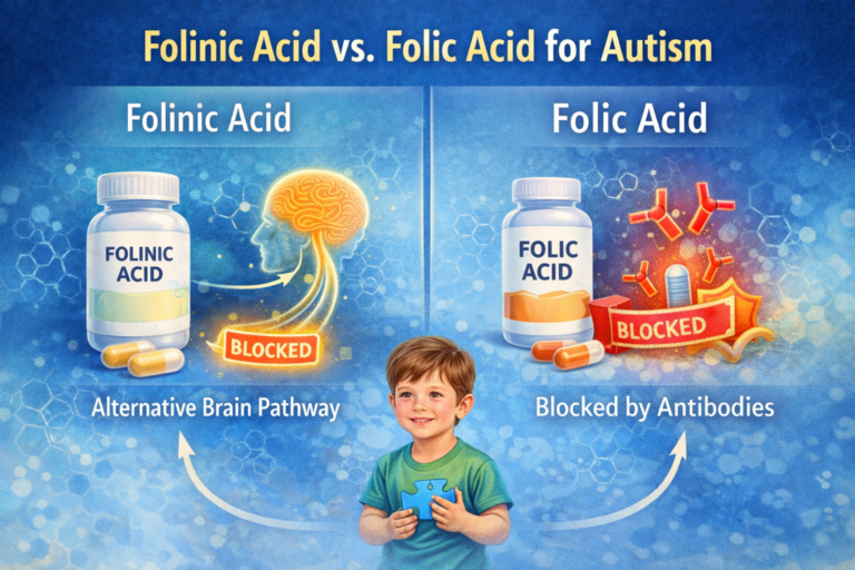 Folinic acid vs folic acid in autism showing how folinic acid bypasses folate receptor antibodies in cerebral folate deficiency
