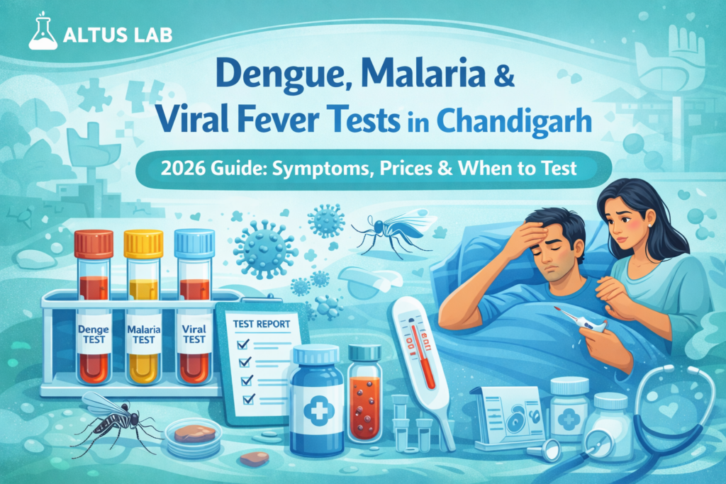 Dengue, malaria and viral fever tests in Chandigarh with symptoms diagnosis and lab testing illustration