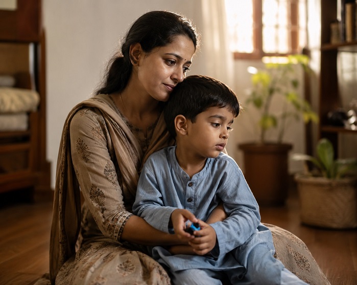 Indian mother holding her autistic child at home — book FRAT test India at Altus Lab for cerebral folate deficiency diagnosis