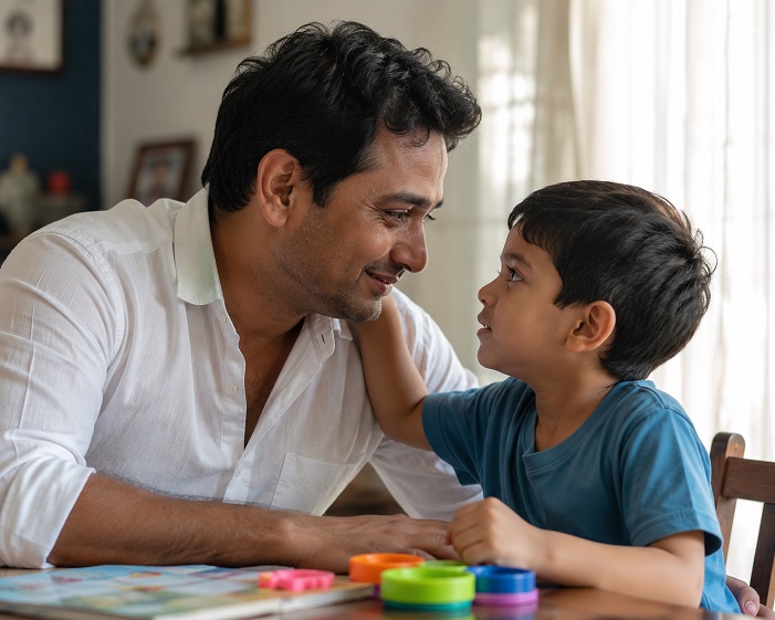 Indian father and autistic child making eye contact after FRAT test and leucovorin treatment — Altus Lab India