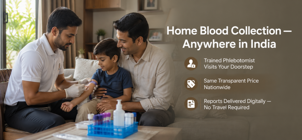 Heavy metal test India home blood collection — trained phlebotomist visits family home anywhere in India for Altus Lab pan-India sample collection