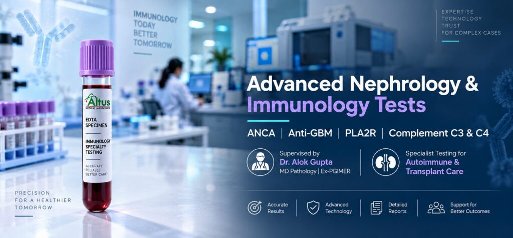 Advanced nephrology and immunology tests Chandigarh — ANCA Anti-GBM PLA2R complement testing at Altus Lab supervised by Dr. Alok Gupta MD Pathology