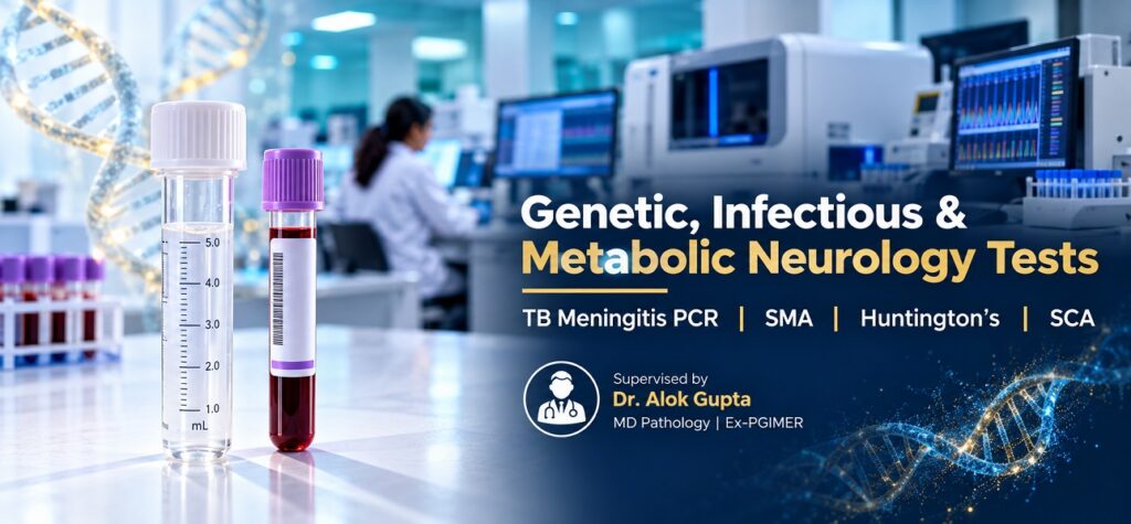 Genetic infectious and metabolic neurology tests Chandigarh — TB meningitis PCR SMA Huntington's testing at Altus Lab supervised by Dr. Alok Gupta