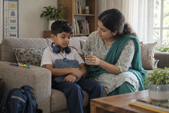 Mother comforting her young son who has tummy discomfort after school, offering him a glass of water