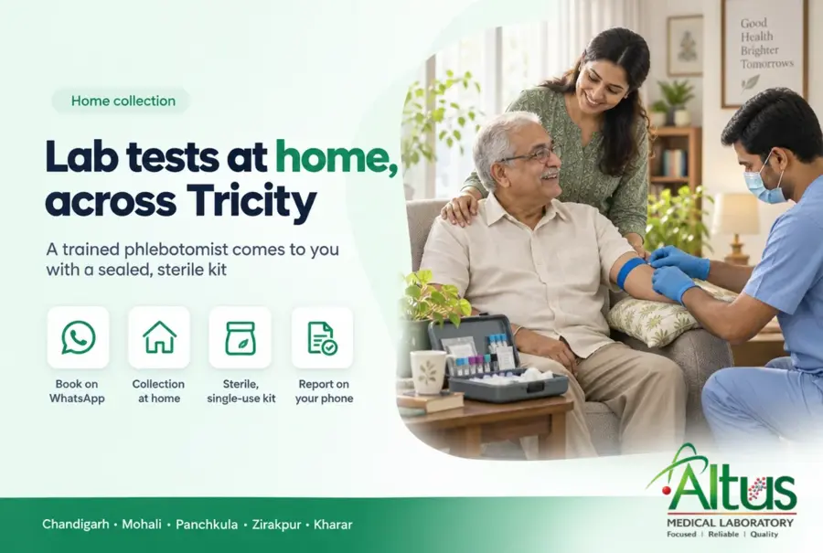 Phlebotomist preparing to collect a blood sample at home from a senior man as his daughter sits beside him, illustrating home sample collection across Tricity