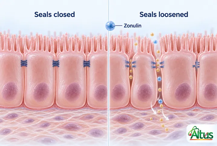 Illustration of the gut lining with tight seals closed on one side and loosened on the other, with zonulin shown as a signal between cells