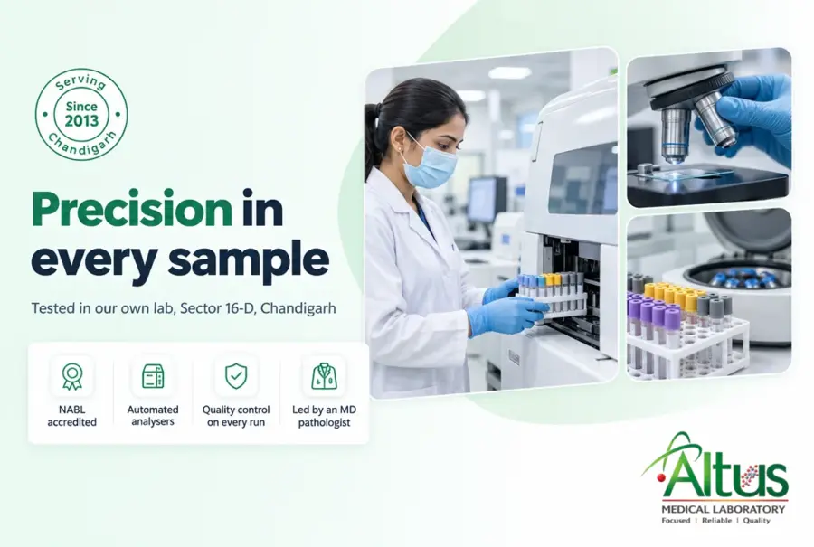 Lab technologist loading blood sample tubes into an automated analyser, illustrating laboratory testing at Altus Lab, Chandigarh