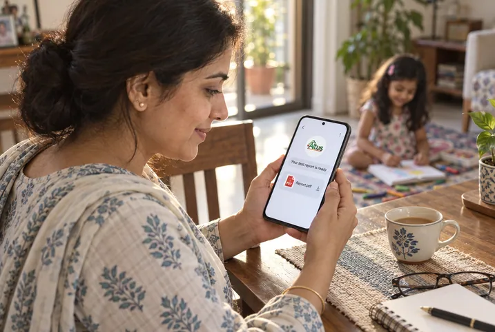 Mother at home reading a report ready message from Altus Lab on her phone while her daughter draws in the background