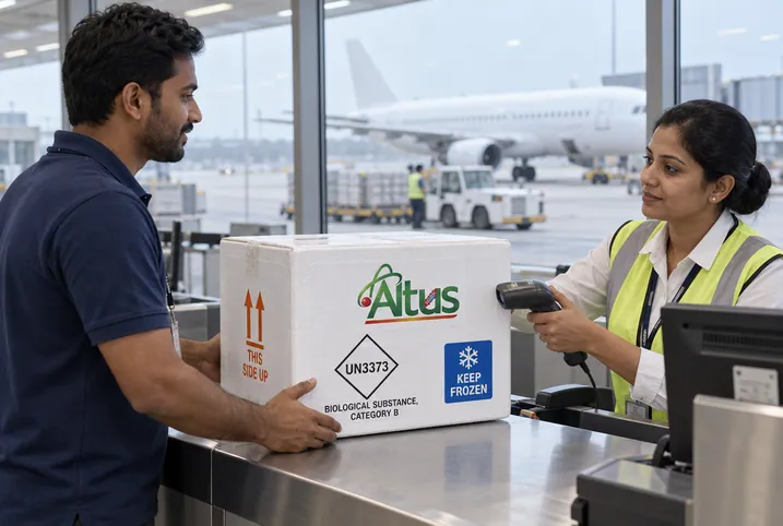 Sealed cold-chain sample box with the Altus Lab label being accepted at an airport cargo counter for air transport to Chandigarh