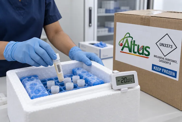 Gloved hands packing a frozen serum sample into an insulated box with gel packs, kept at minus 20 degrees Celsius