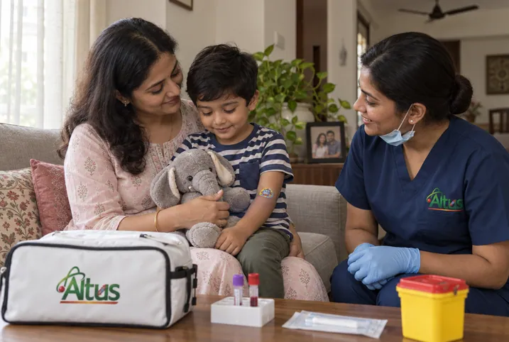 Altus Lab phlebotomist with a calm young child on his mother's lap after a home blood sample collection